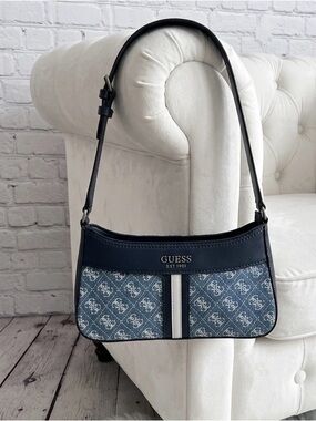 GUESS Navy Blue Denim Logo Shoulder Bag with White Stripe